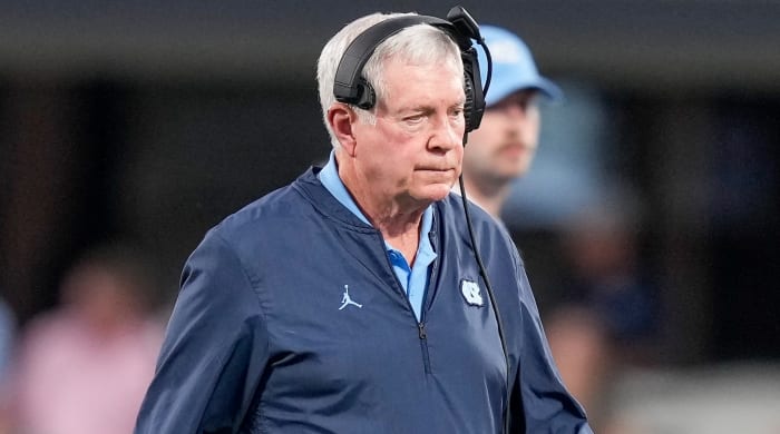 North Carolina football coach Mack Brown on the field